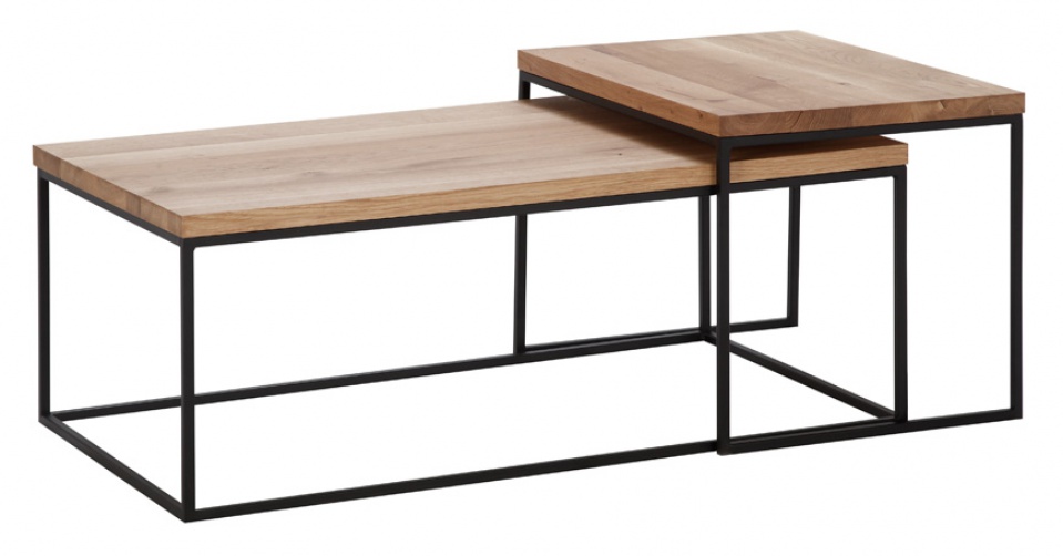 LOFT designerski dębowy układ stolików kawowych.